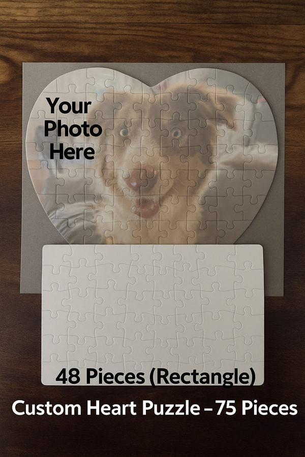 Custom Photo Puzzle Set – 48 & 75 Piece Options | Heart & Rectangle Shapes